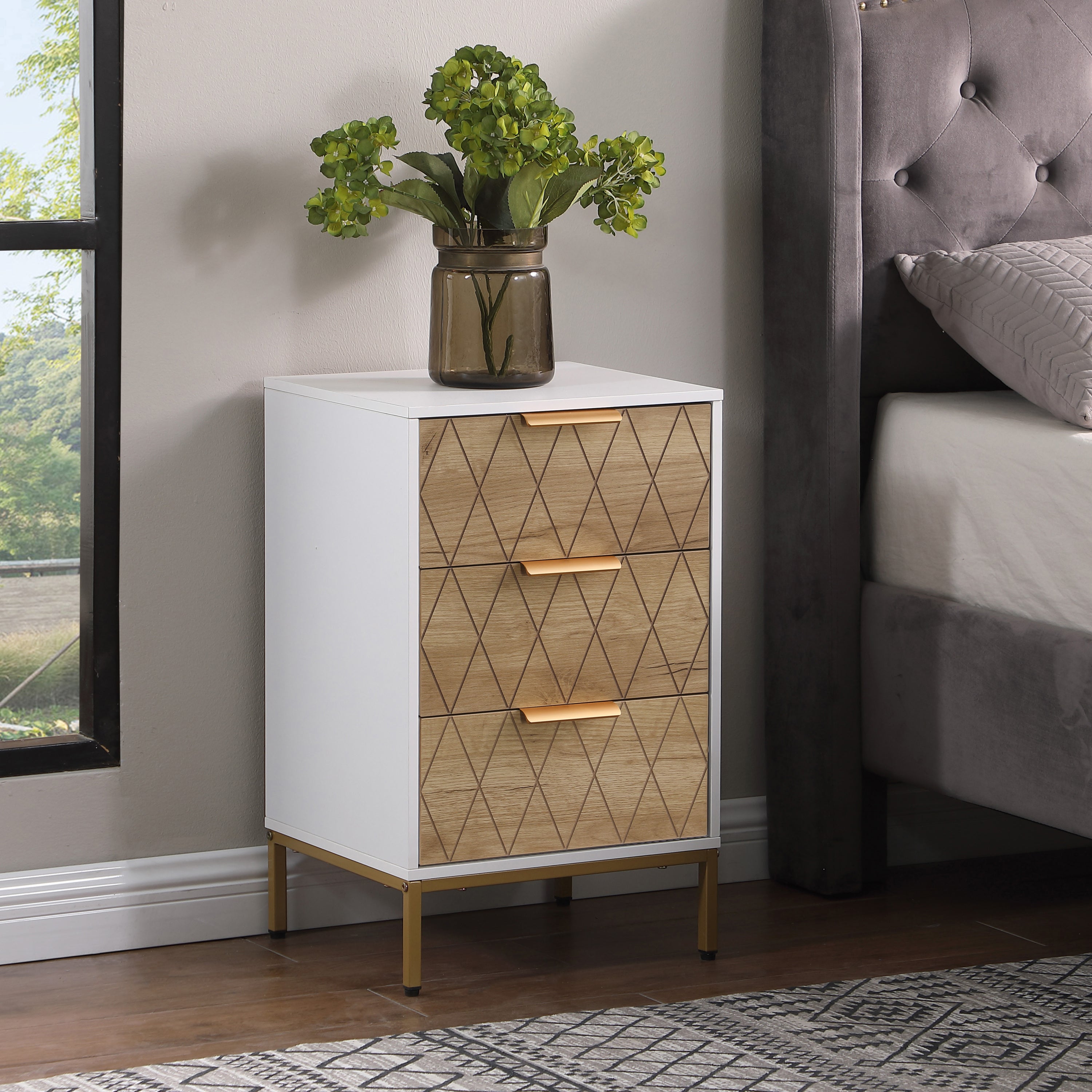 Nightstand with 3 Drawers, Mid-Century Modern End Table,Gold MetalFeet, Gold Metal Handles , Drawer Panels are Shaped by Cutting Lines,End Table for Bedroom,White and Natural