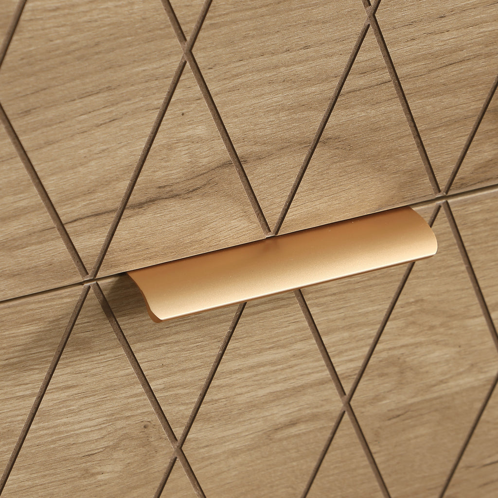 Nightstand with 3 Drawers, Mid-Century Modern End Table,Gold MetalFeet, Gold Metal Handles , Drawer Panels are Shaped by Cutting Lines,End Table for Bedroom,White and Natural