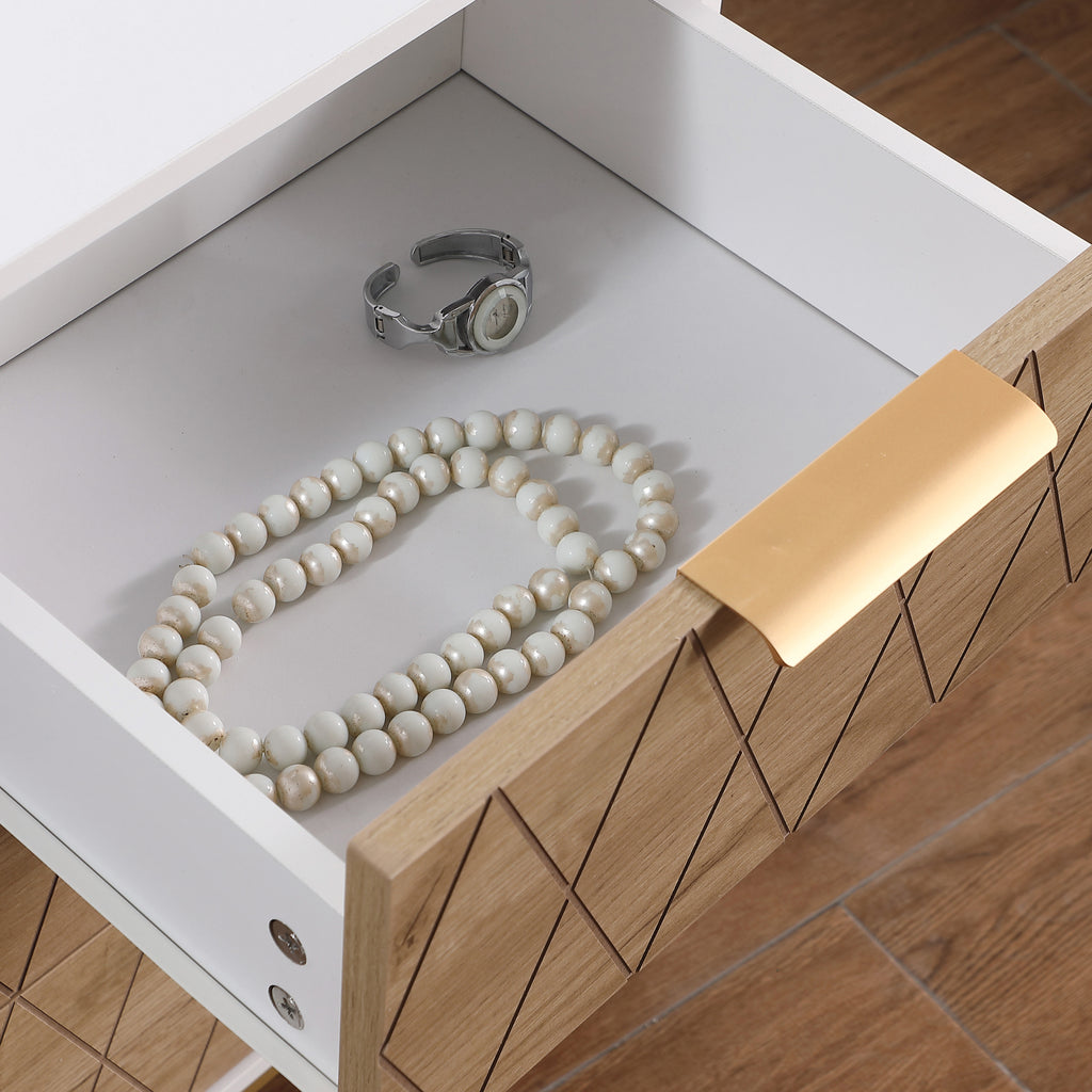 Nightstand with 3 Drawers, Mid-Century Modern End Table,Gold MetalFeet, Gold Metal Handles , Drawer Panels are Shaped by Cutting Lines,End Table for Bedroom,White and Natural