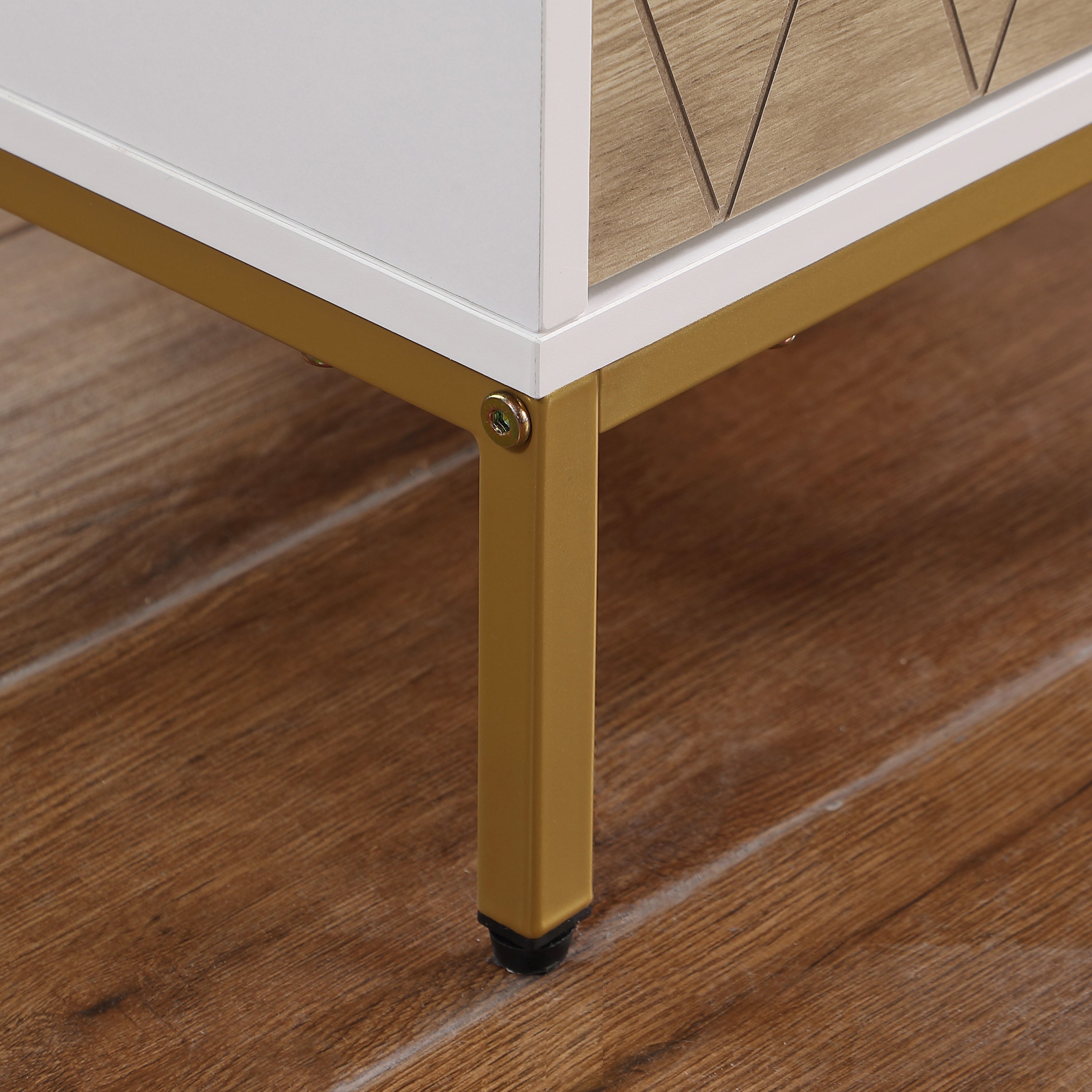 Nightstand with 3 Drawers, Mid-Century Modern End Table,Gold MetalFeet, Gold Metal Handles , Drawer Panels are Shaped by Cutting Lines,End Table for Bedroom,White and Natural