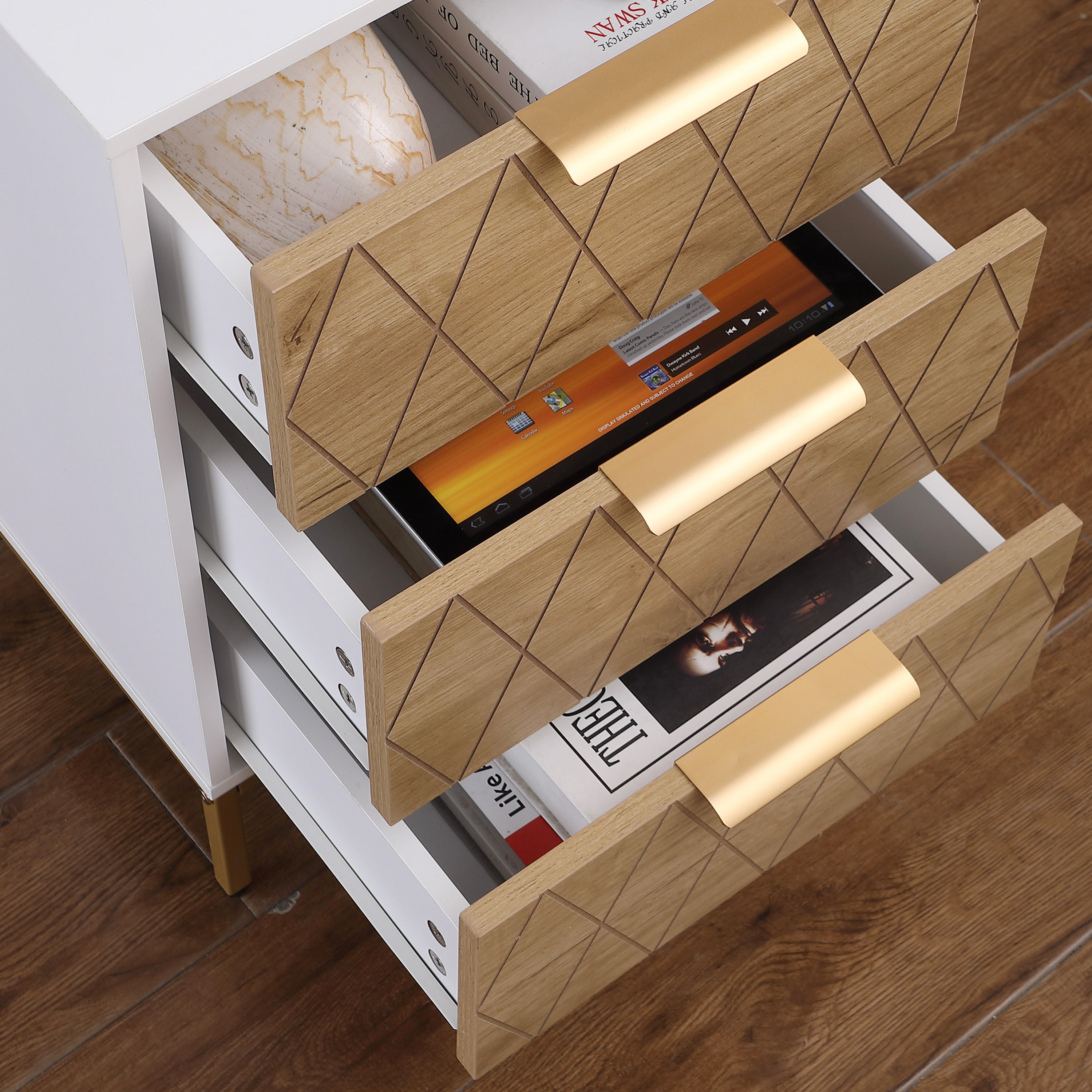 Nightstand with 3 Drawers, Mid-Century Modern End Table,Gold MetalFeet, Gold Metal Handles , Drawer Panels are Shaped by Cutting Lines,End Table for Bedroom,White and Natural