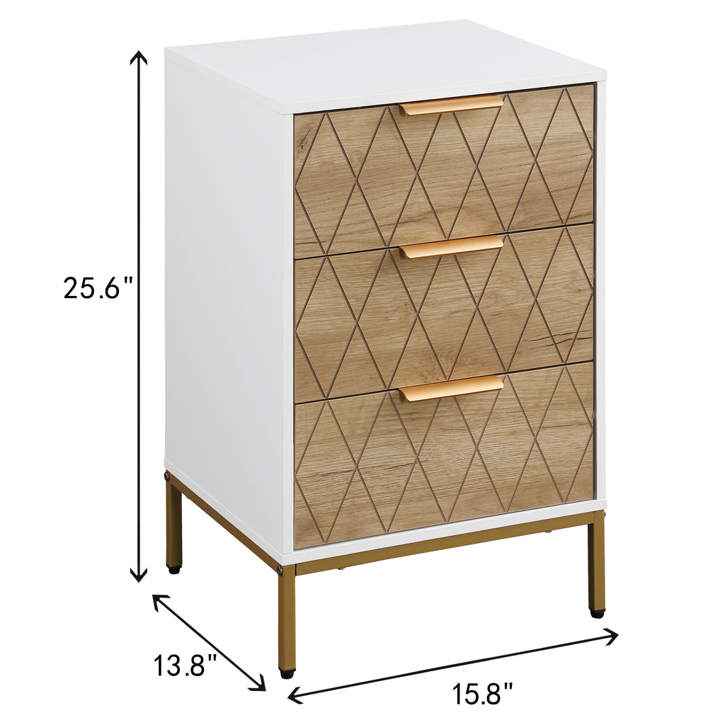 Nightstand with 3 Drawers, Mid-Century Modern End Table,Gold MetalFeet, Gold Metal Handles , Drawer Panels are Shaped by Cutting Lines,End Table for Bedroom,White and Natural