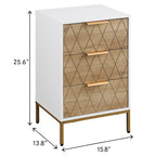 Nightstand with 3 Drawers, Mid-Century Modern End Table,Gold MetalFeet, Gold Metal Handles , Drawer Panels are Shaped by Cutting Lines,End Table for Bedroom,White and Natural