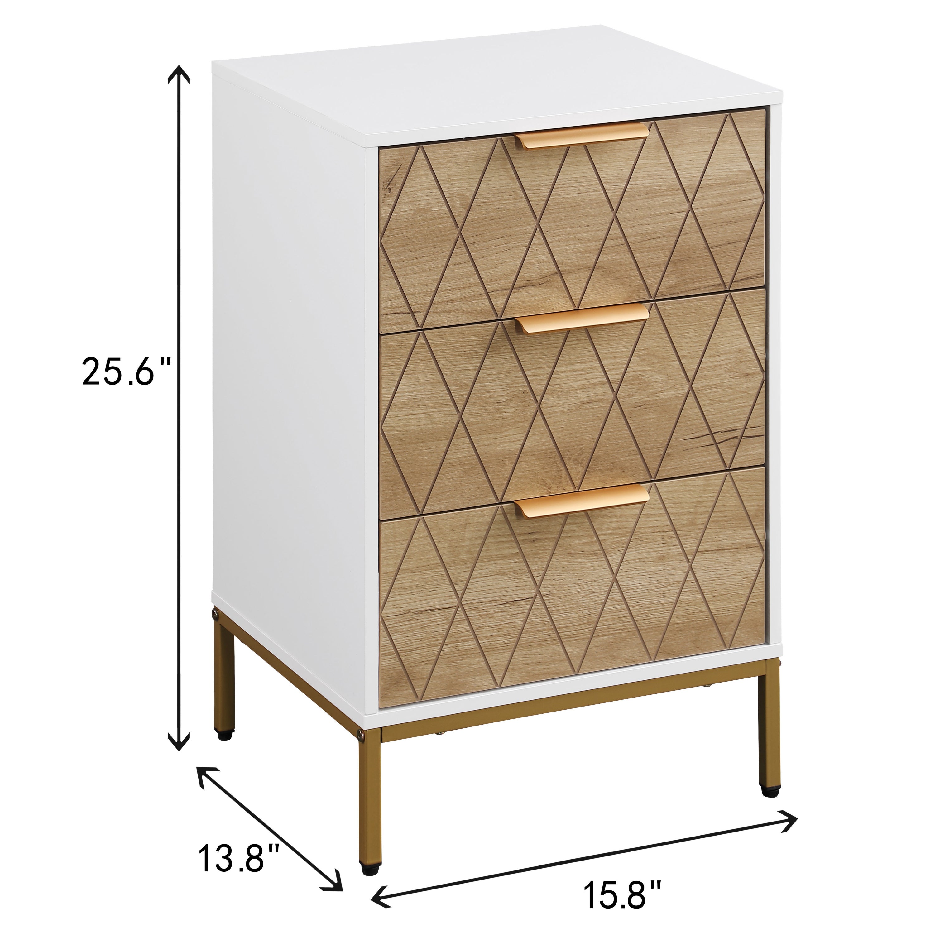 Nightstand with 3 Drawers, Mid-Century Modern End Table,Gold MetalFeet, Gold Metal Handles , Drawer Panels are Shaped by Cutting Lines,End Table for Bedroom,White and Natural