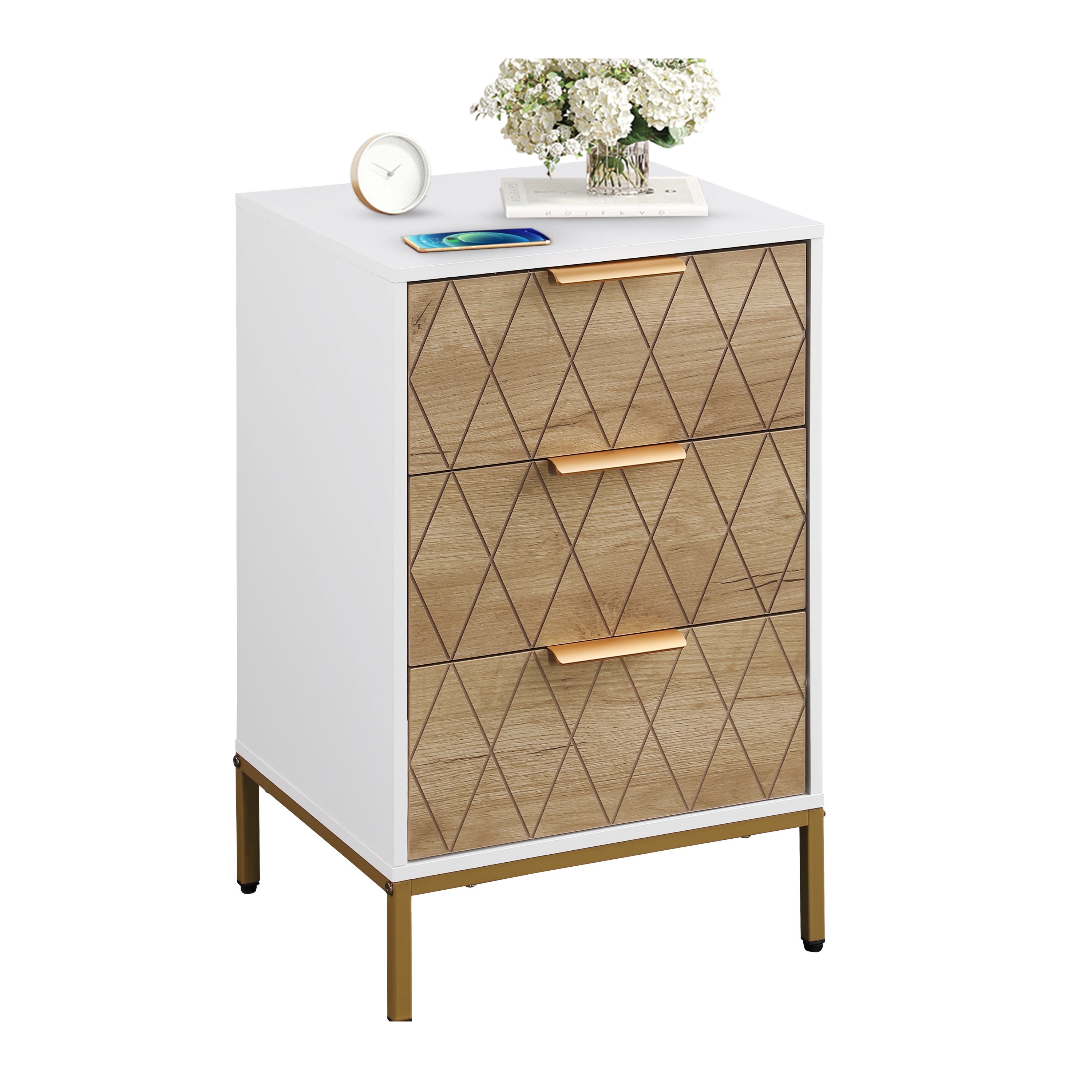 Nightstand with 3 Drawers, Mid-Century Modern End Table,Gold MetalFeet, Gold Metal Handles , Drawer Panels are Shaped by Cutting Lines,End Table for Bedroom,White and Natural