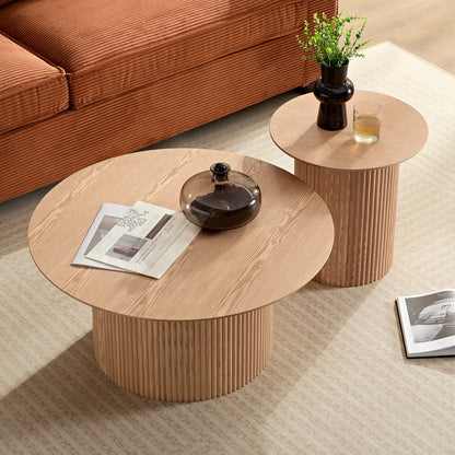 17.71 inch Round Fluted Side Table Circle Small Accent Table for Living Room Mid Century  Circle Bedside Table for Bedroom Oak