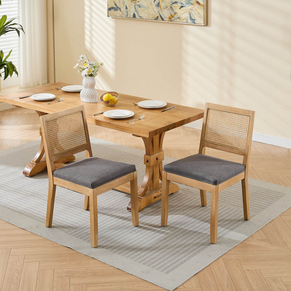 Farmhouse Rattan Dining Chairs Set of 2, Mid Century Modern Kitchen & Dining Room Chairs, Cane Upholstered Kitchen Side Chair with Natural Hardwood Frame, Gray