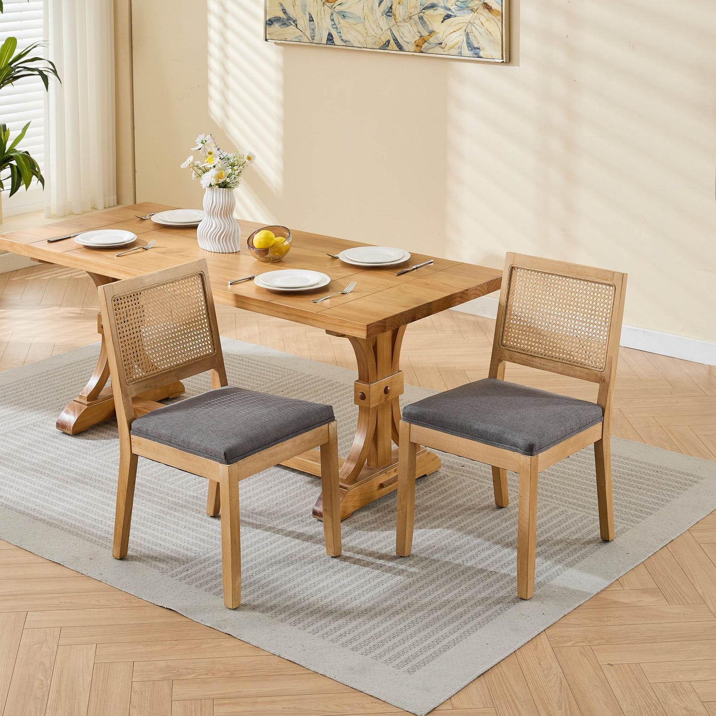 Farmhouse Rattan Dining Chairs Set of 2, Mid Century Modern Kitchen & Dining Room Chairs, Cane Upholstered Kitchen Side Chair with Natural Hardwood Frame, Gray