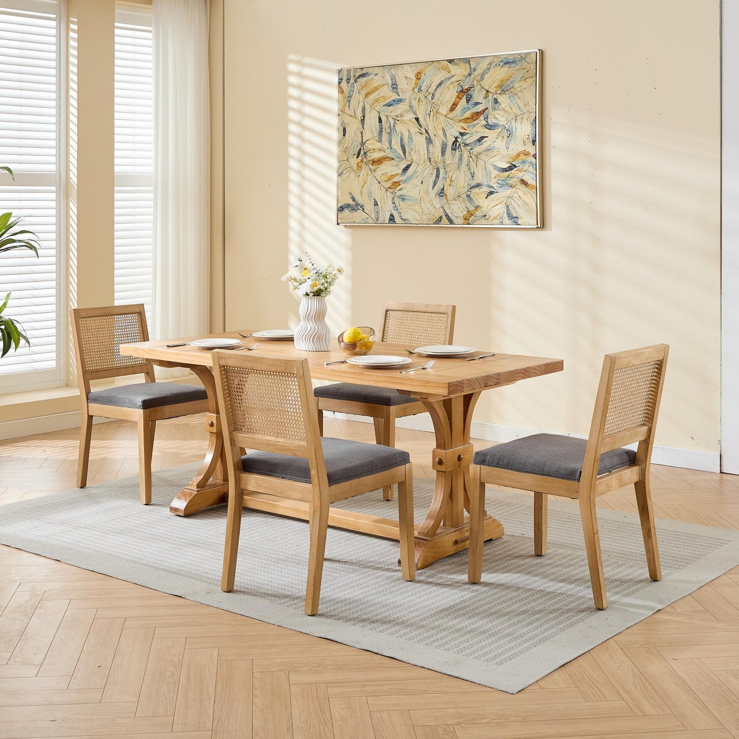 Farmhouse Rattan Dining Chairs Set of 2, Mid Century Modern Kitchen & Dining Room Chairs, Cane Upholstered Kitchen Side Chair with Natural Hardwood Frame, Gray