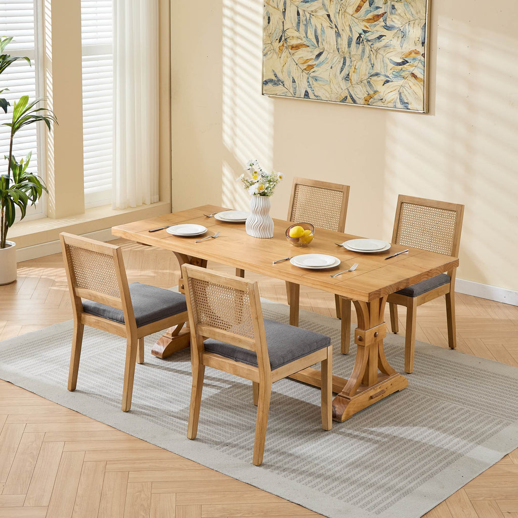 Farmhouse Rattan Dining Chairs Set of 2, Mid Century Modern Kitchen & Dining Room Chairs, Cane Upholstered Kitchen Side Chair with Natural Hardwood Frame, Gray