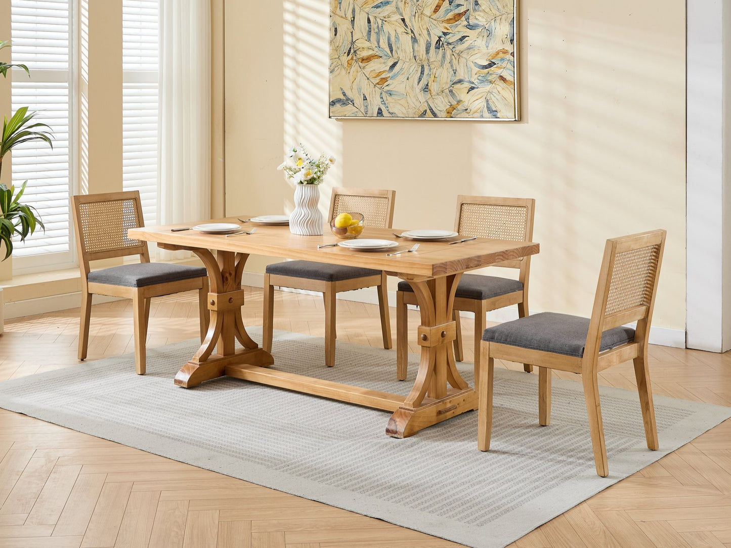 Farmhouse Rattan Dining Chairs Set of 2, Mid Century Modern Kitchen & Dining Room Chairs, Cane Upholstered Kitchen Side Chair with Natural Hardwood Frame, Gray