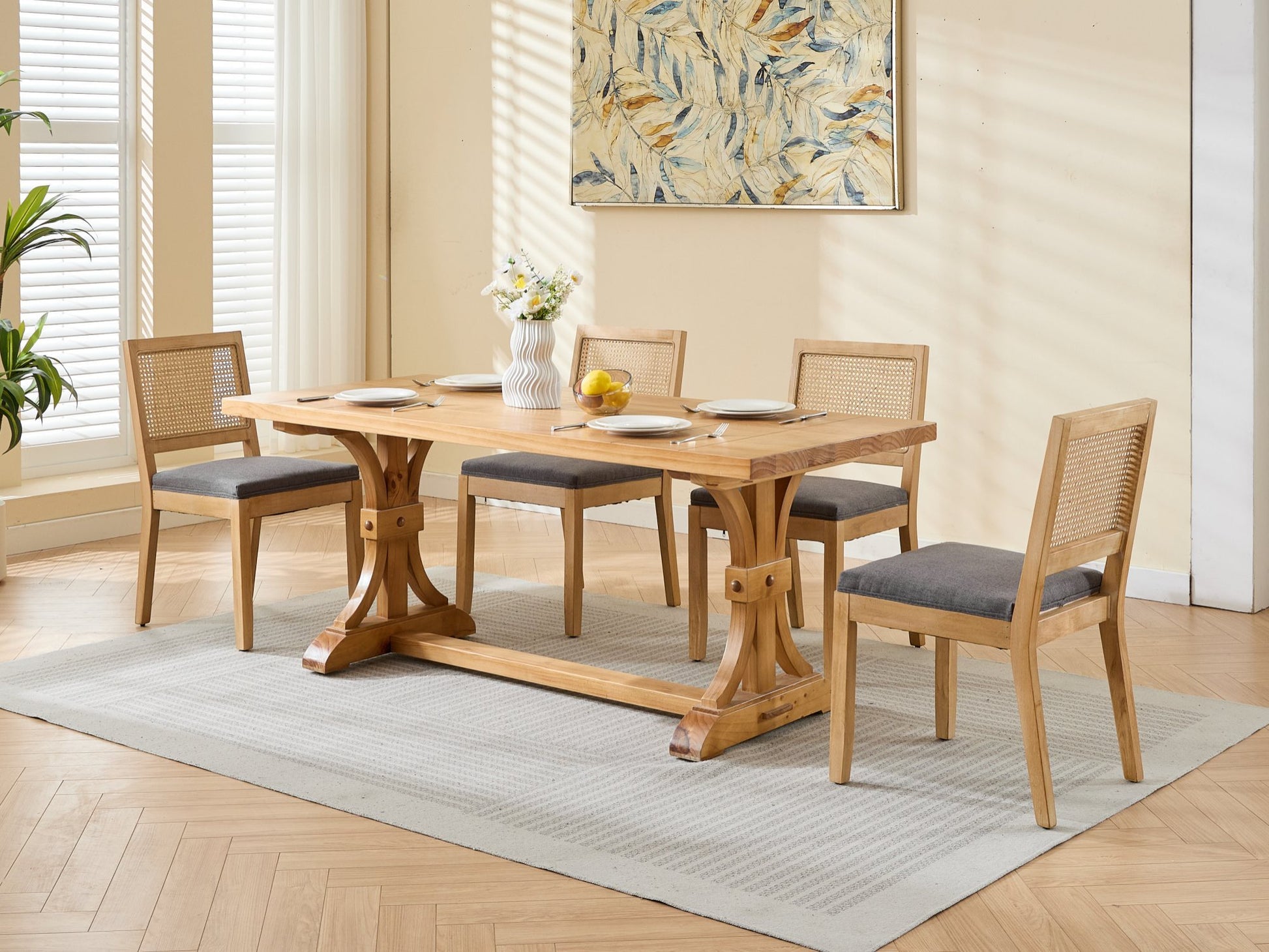 Farmhouse Rattan Dining Chairs Set of 2, Mid Century Modern Kitchen & Dining Room Chairs, Cane Upholstered Kitchen Side Chair with Natural Hardwood Frame, Gray