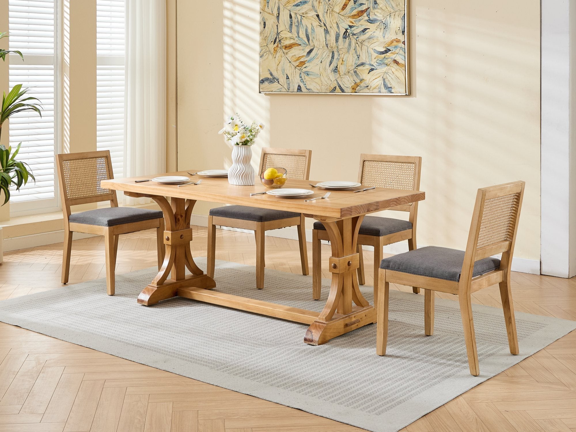 Farmhouse Rattan Dining Chairs Set of 2, Mid Century Modern Kitchen & Dining Room Chairs, Cane Upholstered Kitchen Side Chair with Natural Hardwood Frame, Gray