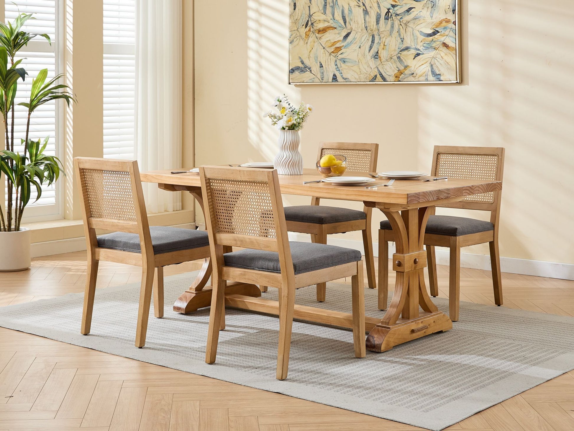 Farmhouse Rattan Dining Chairs Set of 2, Mid Century Modern Kitchen & Dining Room Chairs, Cane Upholstered Kitchen Side Chair with Natural Hardwood Frame, Gray