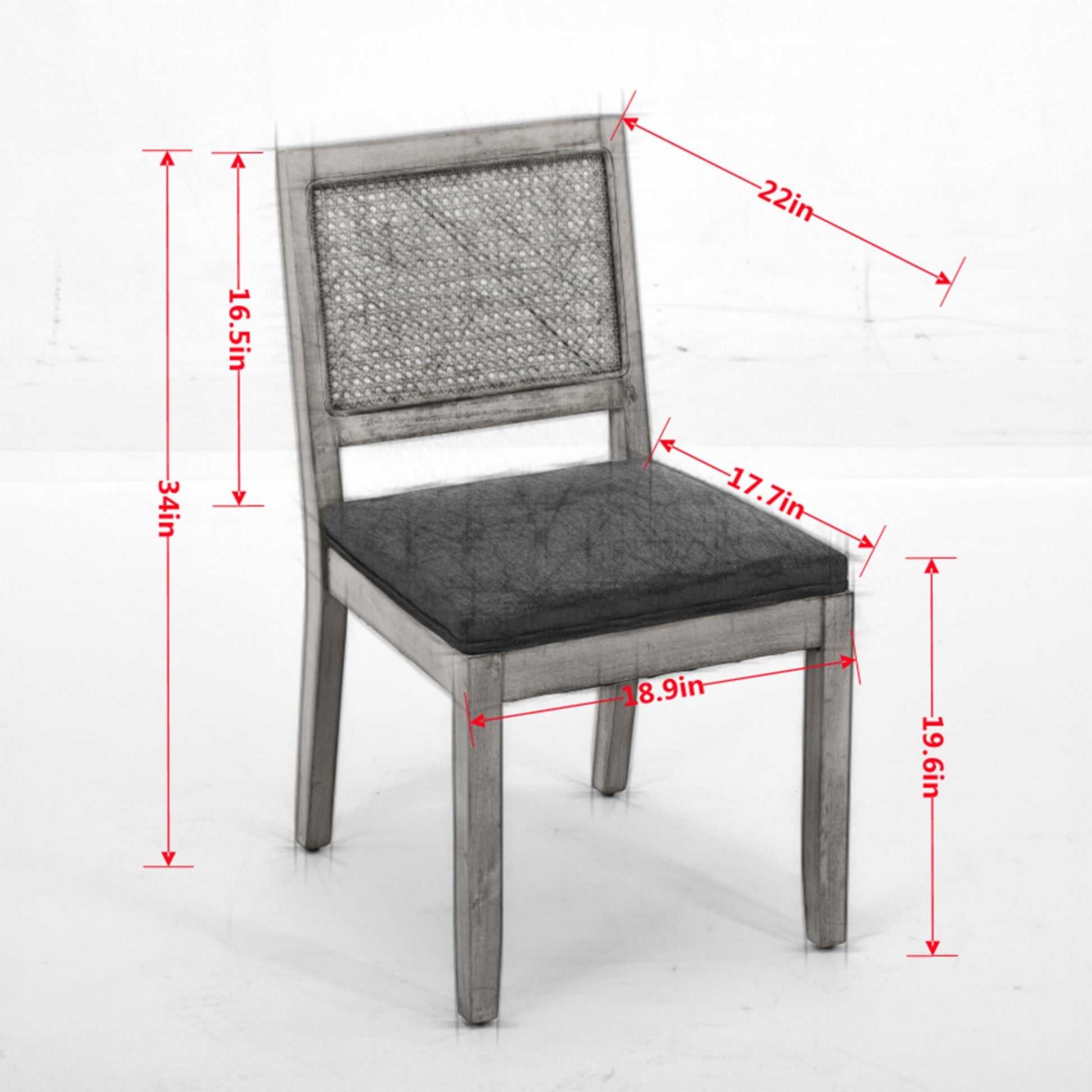 Farmhouse Rattan Dining Chairs Set of 2, Mid Century Modern Kitchen & Dining Room Chairs, Cane Upholstered Kitchen Side Chair with Natural Hardwood Frame, Gray