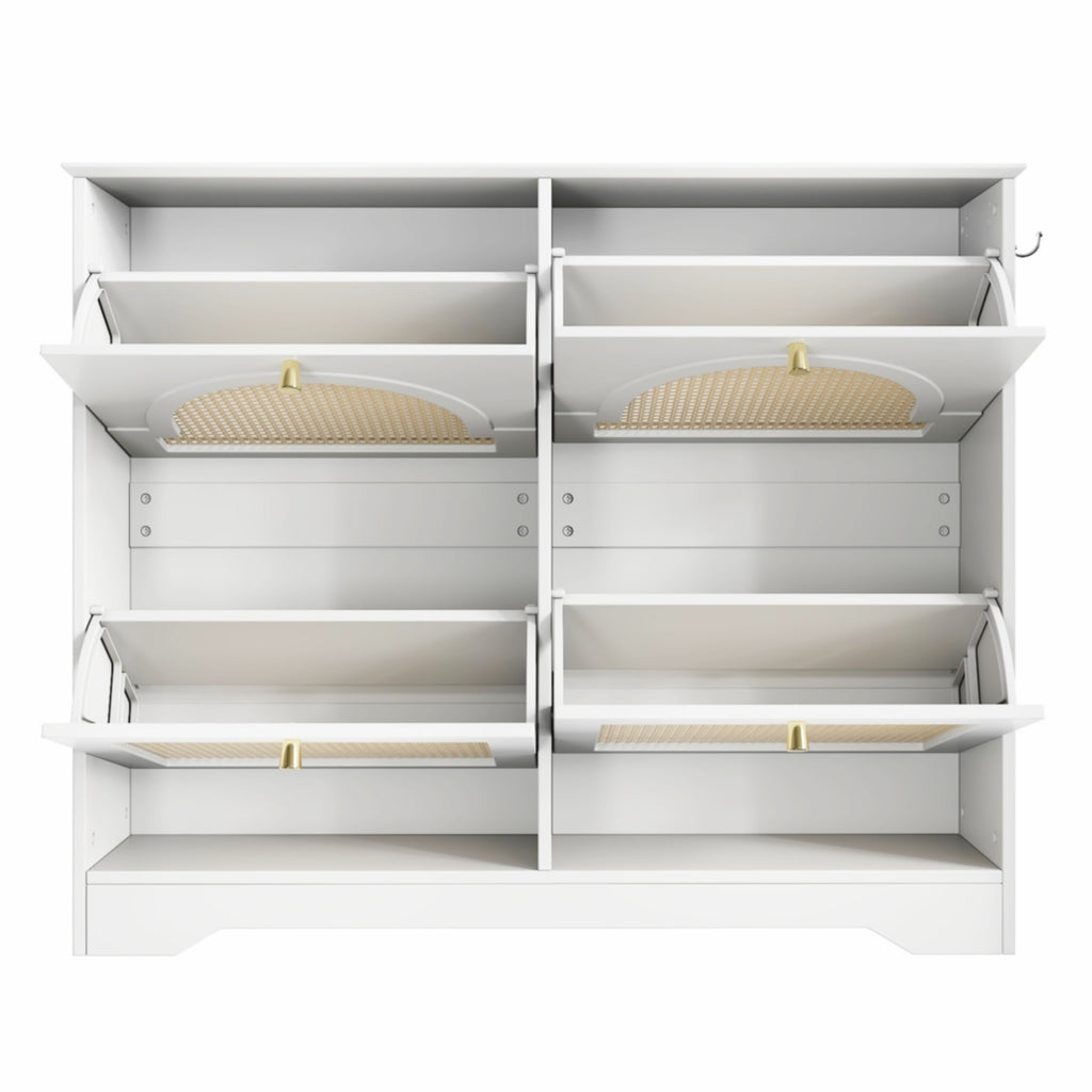 Mid-Century Narrow Design Tipping Bucket Shoe Cabinet with 4 Flip Drawers, Elegant Entryway Shoe Organizer with 4 Rattan Doors, Freestanding Shoe Rack with 2 Silvery Hooks for Hallway, White, 42.1'W