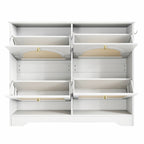 Mid-Century Narrow Design Tipping Bucket Shoe Cabinet with 4 Flip Drawers, Elegant Entryway Shoe Organizer with 4 Rattan Doors, Freestanding Shoe Rack with 2 Silvery Hooks for Hallway, White, 42.1'W