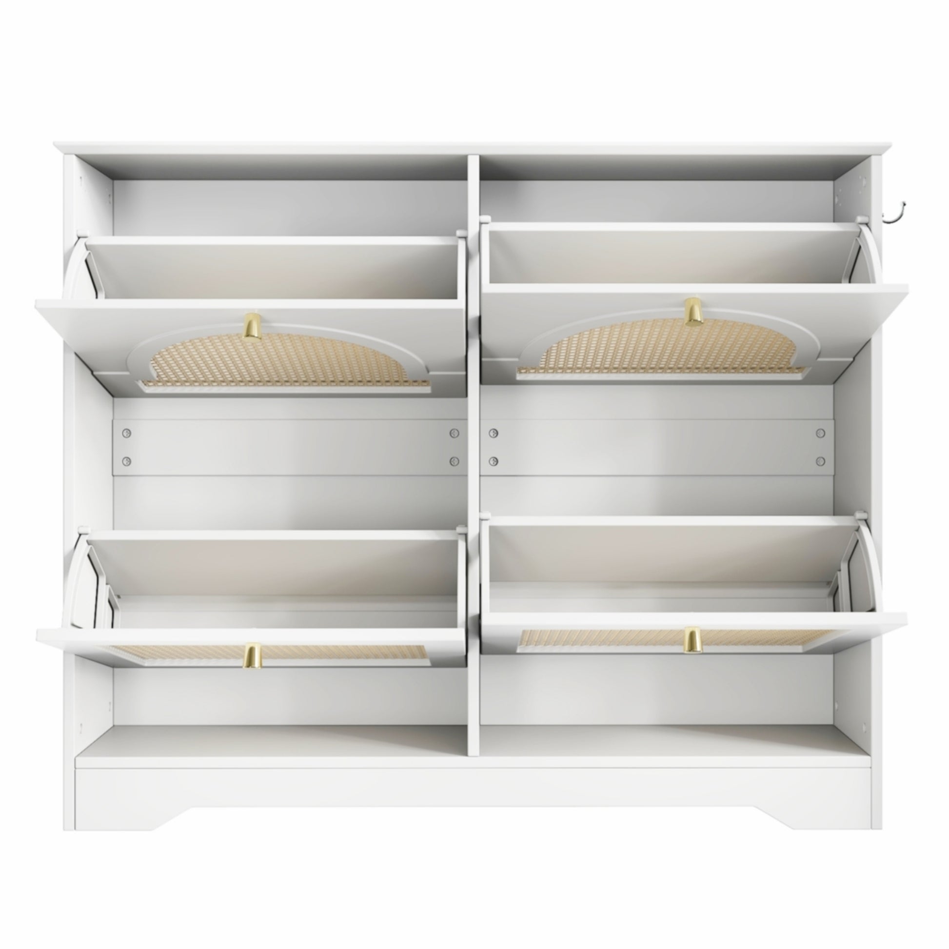 Mid-Century Narrow Design Tipping Bucket Shoe Cabinet with 4 Flip Drawers, Elegant Entryway Shoe Organizer with 4 Rattan Doors, Freestanding Shoe Rack with 2 Silvery Hooks for Hallway, White, 42.1'W