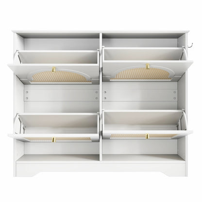 Mid-Century Narrow Design Tipping Bucket Shoe Cabinet with 4 Flip Drawers, Elegant Entryway Shoe Organizer with 4 Rattan Doors, Freestanding Shoe Rack with 2 Silvery Hooks for Hallway, White, 42.1'W