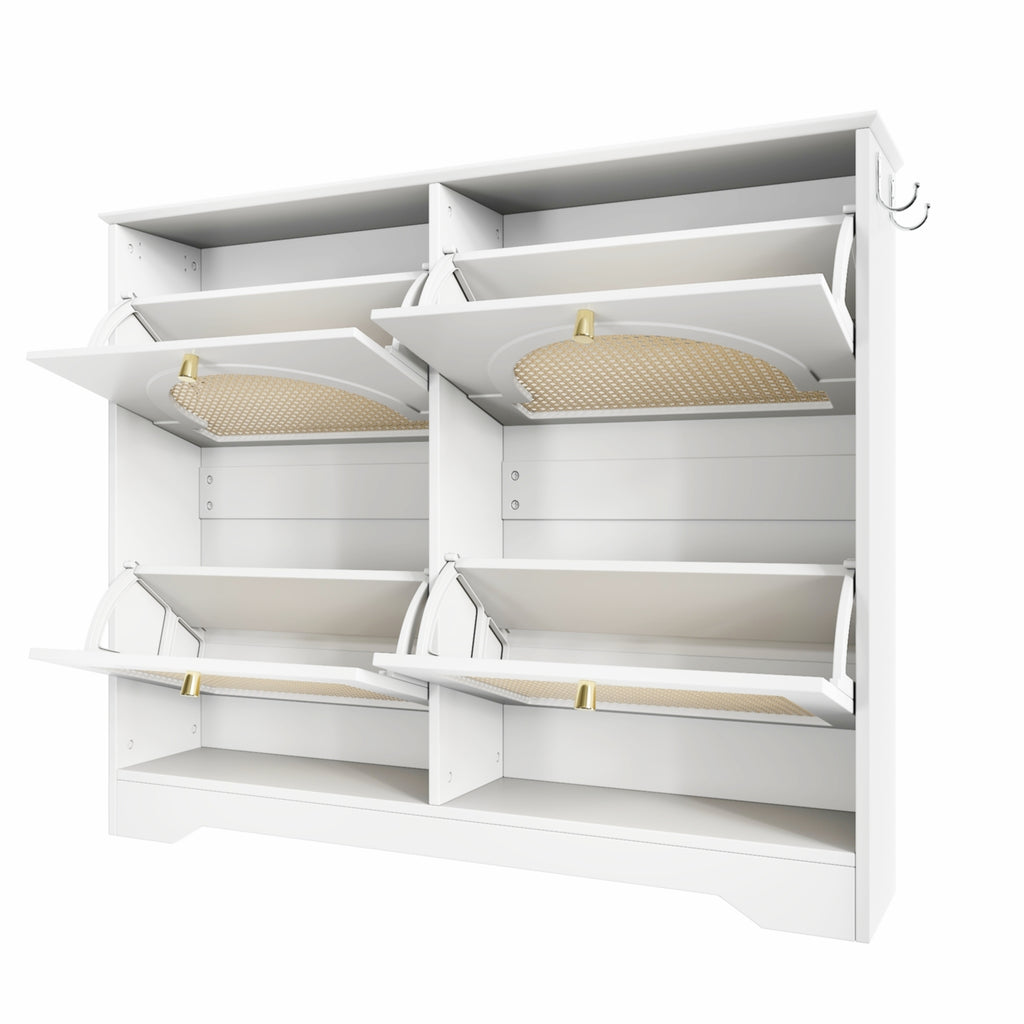 Mid-Century Narrow Design Tipping Bucket Shoe Cabinet with 4 Flip Drawers, Elegant Entryway Shoe Organizer with 4 Rattan Doors, Freestanding Shoe Rack with 2 Silvery Hooks for Hallway, White, 42.1'W