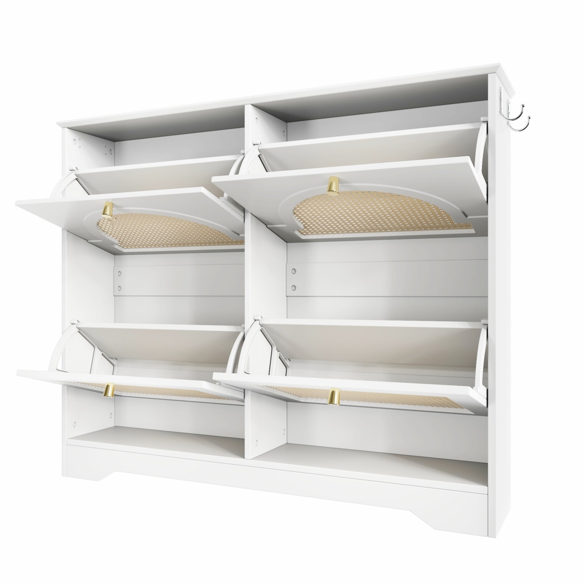 Mid-Century Narrow Design Tipping Bucket Shoe Cabinet with 4 Flip Drawers, Elegant Entryway Shoe Organizer with 4 Rattan Doors, Freestanding Shoe Rack with 2 Silvery Hooks for Hallway, White, 42.1'W