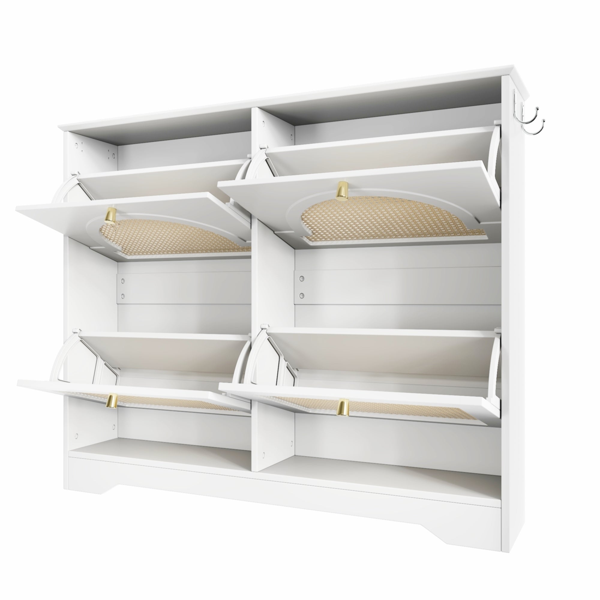 Mid-Century Narrow Design Tipping Bucket Shoe Cabinet with 4 Flip Drawers, Elegant Entryway Shoe Organizer with 4 Rattan Doors, Freestanding Shoe Rack with 2 Silvery Hooks for Hallway, White, 42.1'W