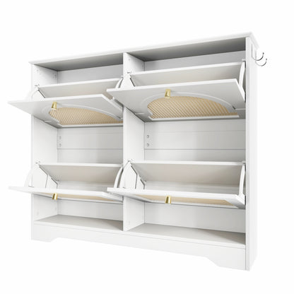 Mid-Century Narrow Design Tipping Bucket Shoe Cabinet with 4 Flip Drawers, Elegant Entryway Shoe Organizer with 4 Rattan Doors, Freestanding Shoe Rack with 2 Silvery Hooks for Hallway, White, 42.1'W