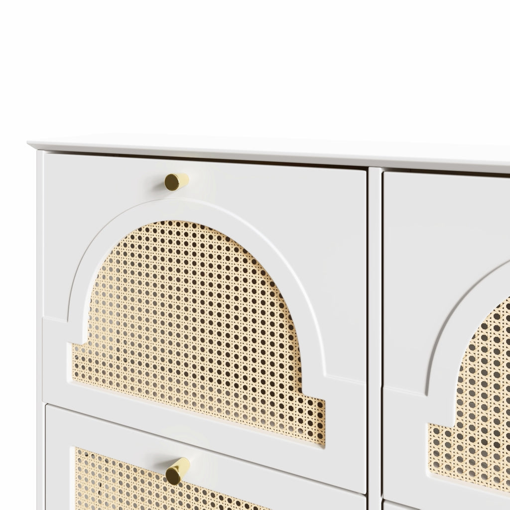 Mid-Century Narrow Design Tipping Bucket Shoe Cabinet with 4 Flip Drawers, Elegant Entryway Shoe Organizer with 4 Rattan Doors, Freestanding Shoe Rack with 2 Silvery Hooks for Hallway, White, 42.1'W