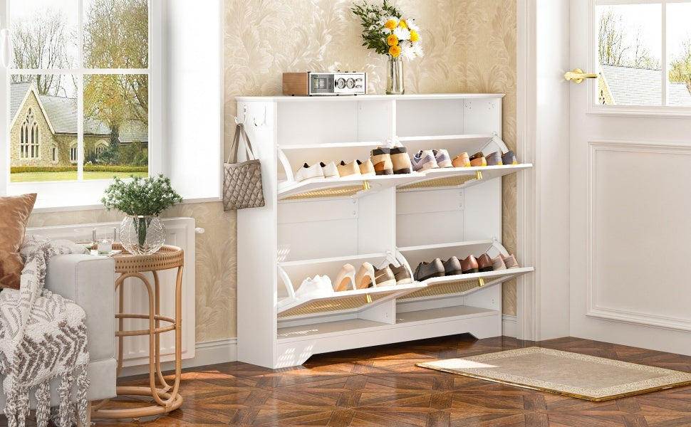 Mid-Century Narrow Design Tipping Bucket Shoe Cabinet with 4 Flip Drawers, Elegant Entryway Shoe Organizer with 4 Rattan Doors, Freestanding Shoe Rack with 2 Silvery Hooks for Hallway, White, 42.1'W