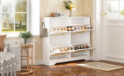 Mid-Century Narrow Design Tipping Bucket Shoe Cabinet with 4 Flip Drawers, Elegant Entryway Shoe Organizer with 4 Rattan Doors, Freestanding Shoe Rack with 2 Silvery Hooks for Hallway, White, 42.1'W