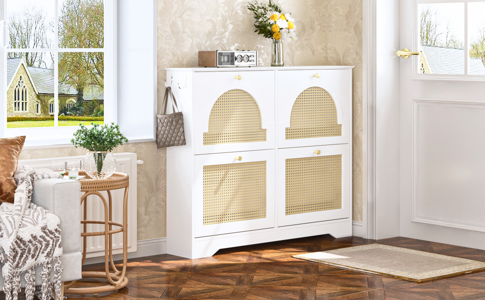 Mid-Century Narrow Design Tipping Bucket Shoe Cabinet with 4 Flip Drawers, Elegant Entryway Shoe Organizer with 4 Rattan Doors, Freestanding Shoe Rack with 2 Silvery Hooks for Hallway, White, 42.1'W