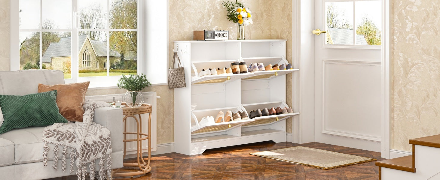 Mid-Century Narrow Design Tipping Bucket Shoe Cabinet with 4 Flip Drawers, Elegant Entryway Shoe Organizer with 4 Rattan Doors, Freestanding Shoe Rack with 2 Silvery Hooks for Hallway, White, 42.1'W