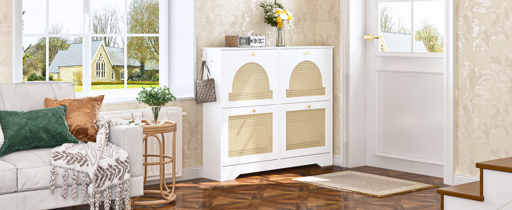 Mid-Century Narrow Design Tipping Bucket Shoe Cabinet with 4 Flip Drawers, Elegant Entryway Shoe Organizer with 4 Rattan Doors, Freestanding Shoe Rack with 2 Silvery Hooks for Hallway, White, 42.1'W