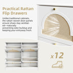 Mid-Century Narrow Design Tipping Bucket Shoe Cabinet with 4 Flip Drawers, Elegant Entryway Shoe Organizer with 4 Rattan Doors, Freestanding Shoe Rack with 2 Silvery Hooks for Hallway, White, 42.1'W