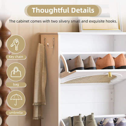 Mid-Century Narrow Design Tipping Bucket Shoe Cabinet with 4 Flip Drawers, Elegant Entryway Shoe Organizer with 4 Rattan Doors, Freestanding Shoe Rack with 2 Silvery Hooks for Hallway, White, 42.1'W