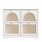 Mid-Century Narrow Design Tipping Bucket Shoe Cabinet with 4 Flip Drawers, Elegant Entryway Shoe Organizer with 4 Rattan Doors, Freestanding Shoe Rack with 2 Silvery Hooks for Hallway, White, 42.1'W