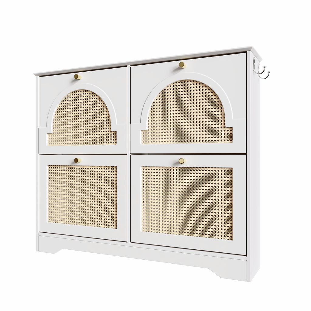 Mid-Century Narrow Design Tipping Bucket Shoe Cabinet with 4 Flip Drawers, Elegant Entryway Shoe Organizer with 4 Rattan Doors, Freestanding Shoe Rack with 2 Silvery Hooks for Hallway, White, 42.1'W