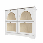 Mid-Century Narrow Design Tipping Bucket Shoe Cabinet with 4 Flip Drawers, Elegant Entryway Shoe Organizer with 4 Rattan Doors, Freestanding Shoe Rack with 2 Silvery Hooks for Hallway, White, 42.1'W