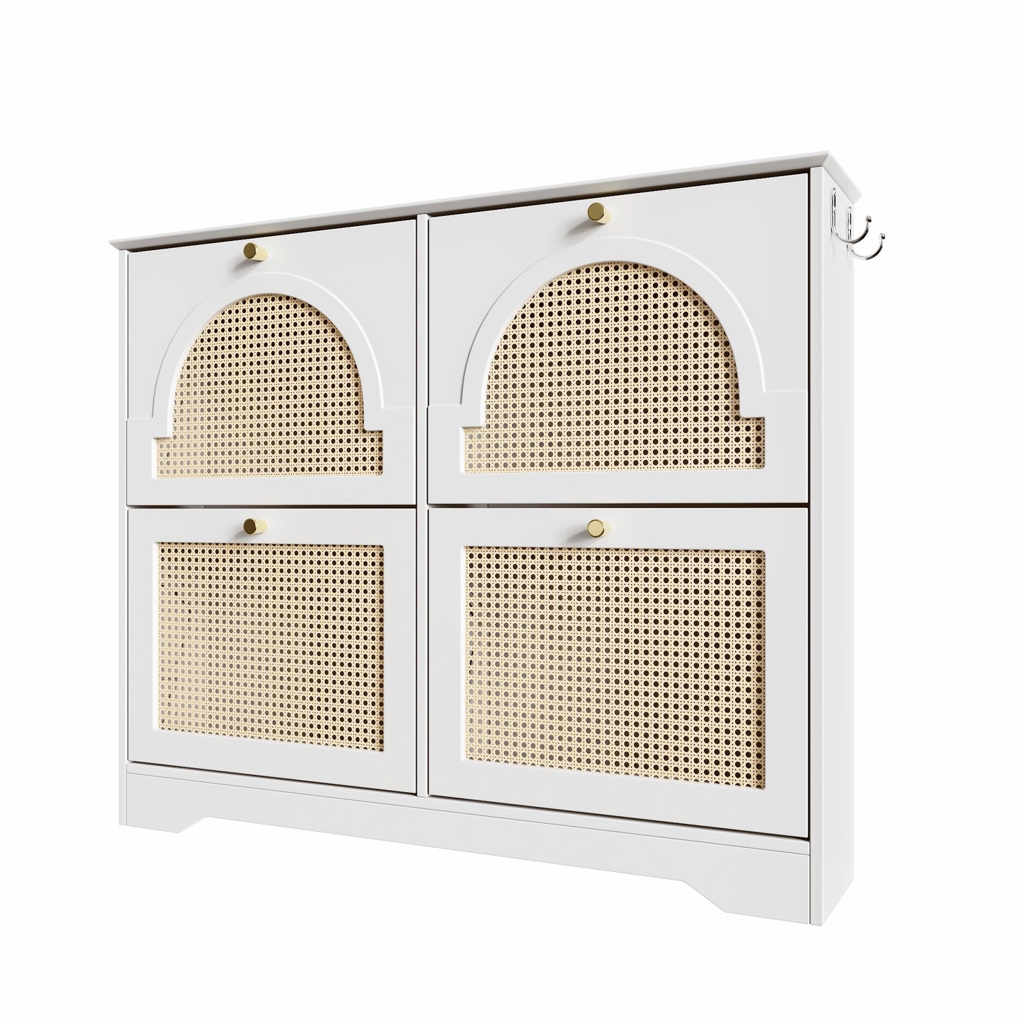 Mid-Century Narrow Design Tipping Bucket Shoe Cabinet with 4 Flip Drawers, Elegant Entryway Shoe Organizer with 4 Rattan Doors, Freestanding Shoe Rack with 2 Silvery Hooks for Hallway, White, 42.1'W