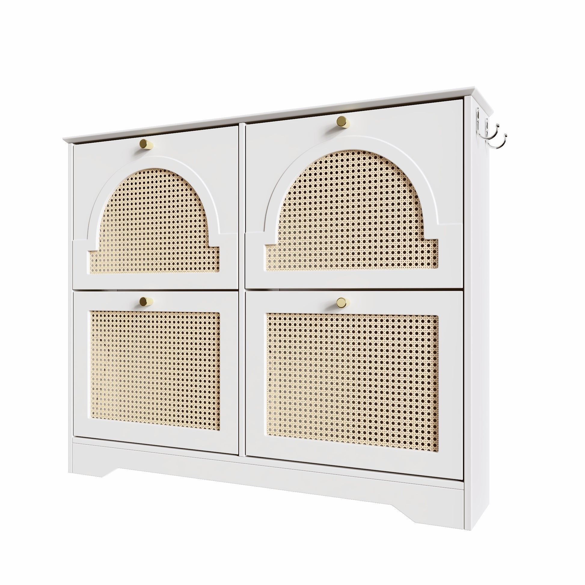 Mid-Century Narrow Design Tipping Bucket Shoe Cabinet with 4 Flip Drawers, Elegant Entryway Shoe Organizer with 4 Rattan Doors, Freestanding Shoe Rack with 2 Silvery Hooks for Hallway, White, 42.1'W