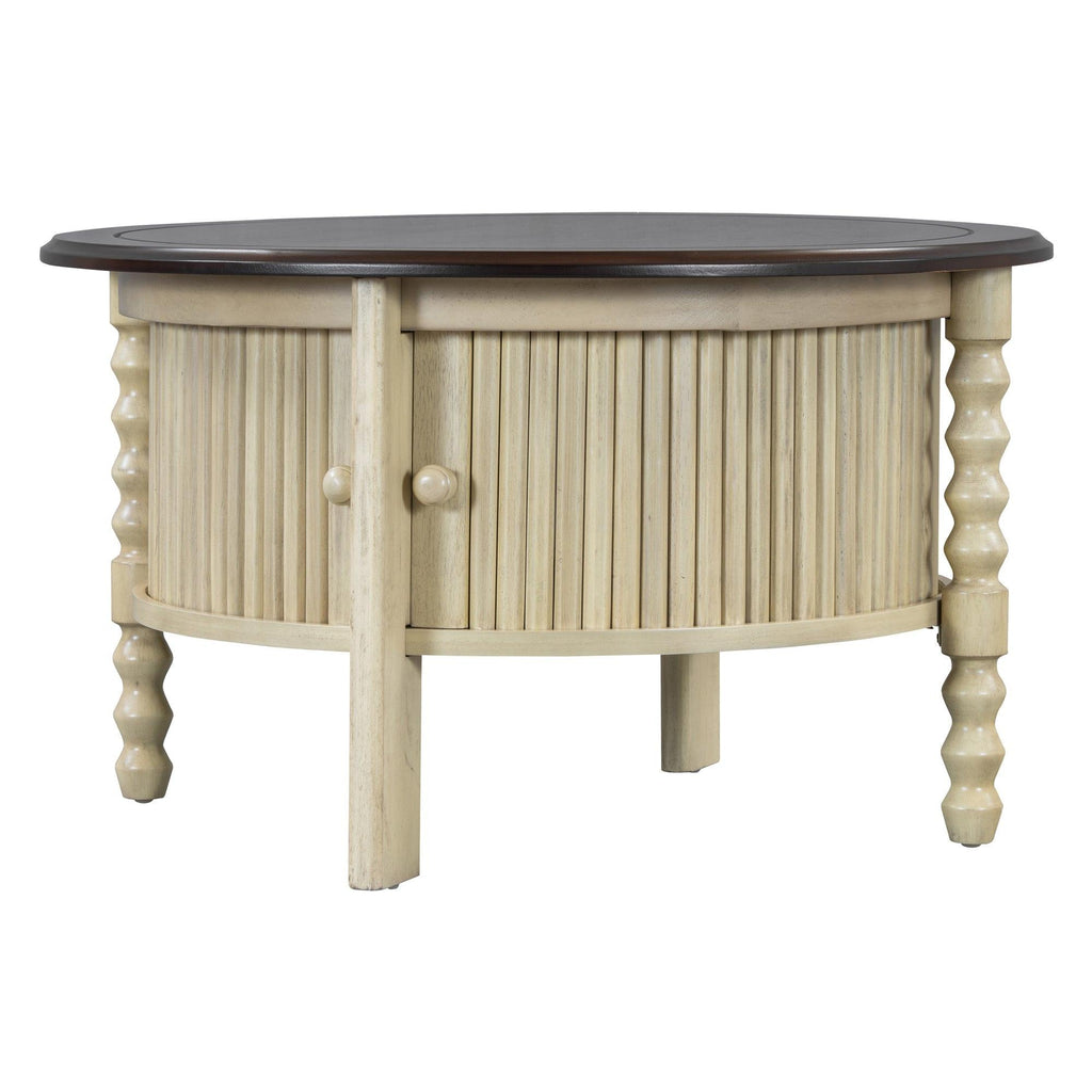 Mid Century Round Coffee Table with Storage, Beige.