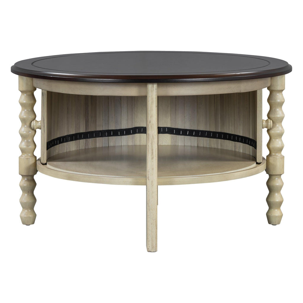 Mid Century Round Coffee Table with Storage, Beige.