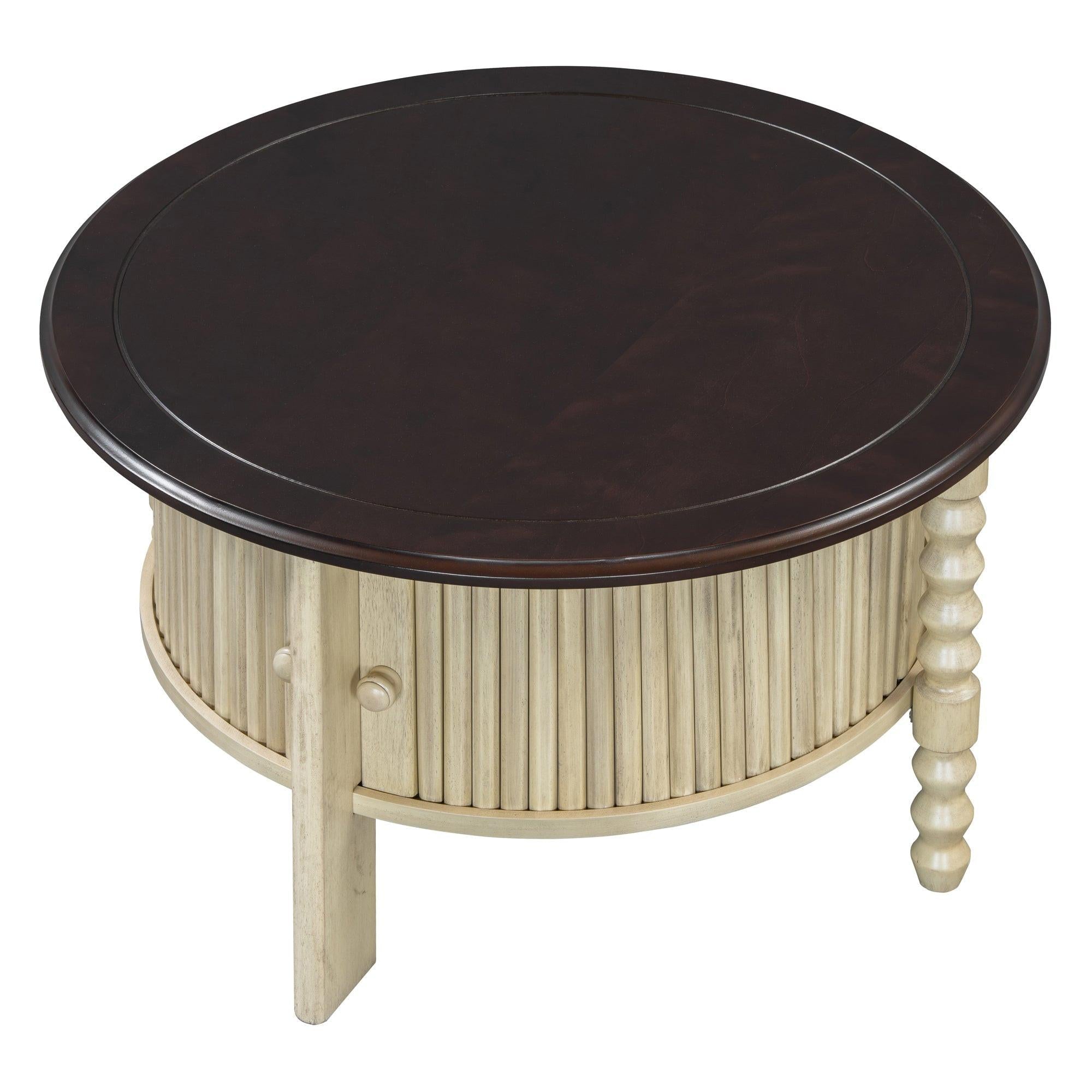 Mid Century Round Coffee Table with Storage, Beige.