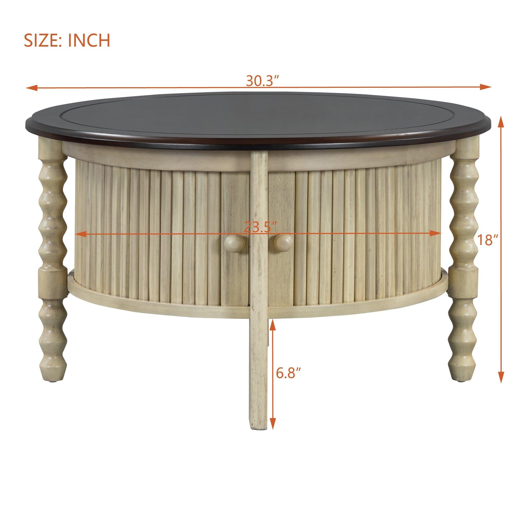 Mid Century Round Coffee Table with Storage, Beige.
