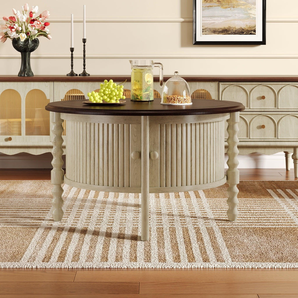 Mid Century Round Coffee Table with Storage, Beige.