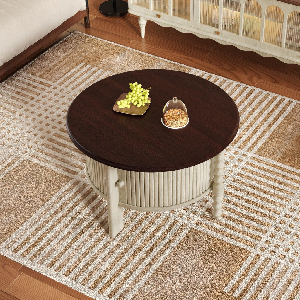 Mid Century Round Coffee Table with Storage, Beige.