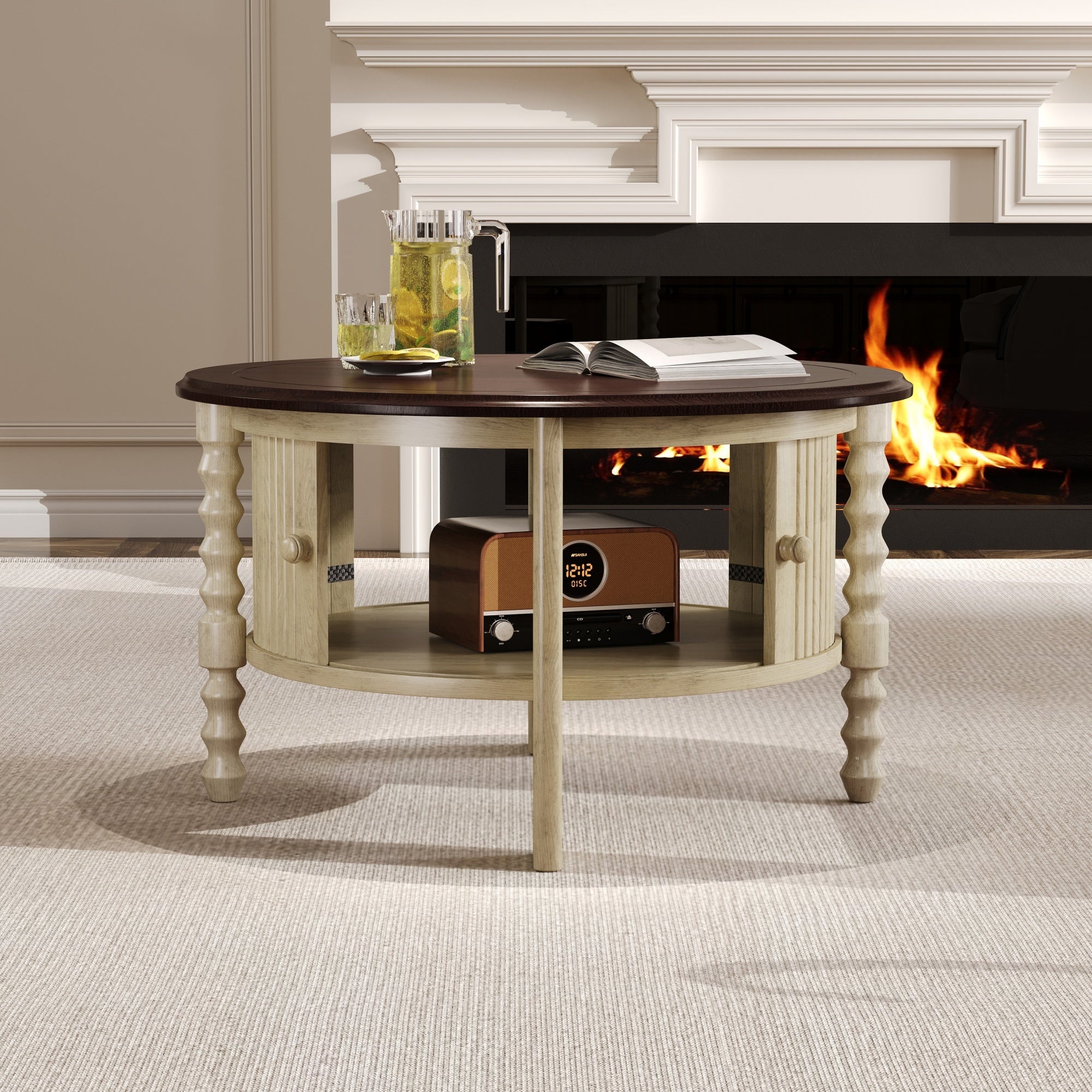 Vintage Round Coffee Table with Storage in 30.3' for Living Room, Mid Century Modern Cocktail Table with Sliding Door, Slatted Design Accent Table for Small Space, Beige and Espresso