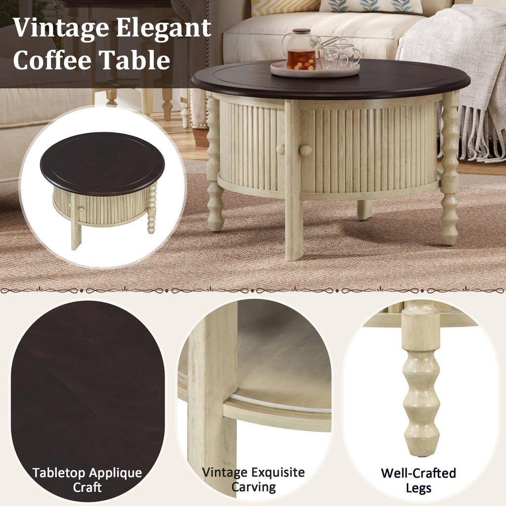 Mid Century Round Coffee Table with Storage, Beige.