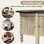 Vintage Round Coffee Table with Storage in 30.3' for Living Room, Mid Century Modern Cocktail Table with Sliding Door, Slatted Design Accent Table for Small Space, Beige and Espresso
