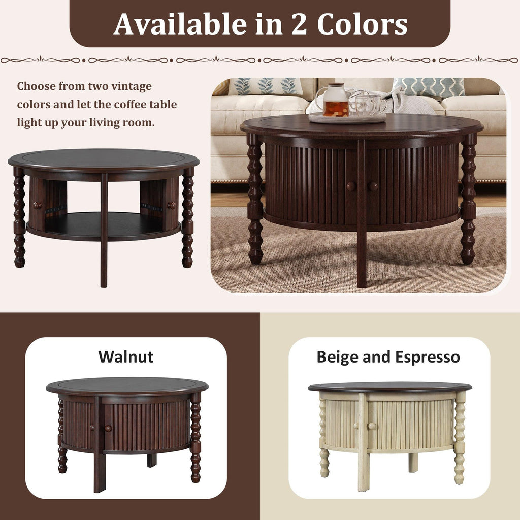 Vintage Round Coffee Table with Storage in 30.3' for Living Room, Mid Century Modern Cocktail Table with Sliding Door, Slatted Design Accent Table for Small Space, Beige and Espresso